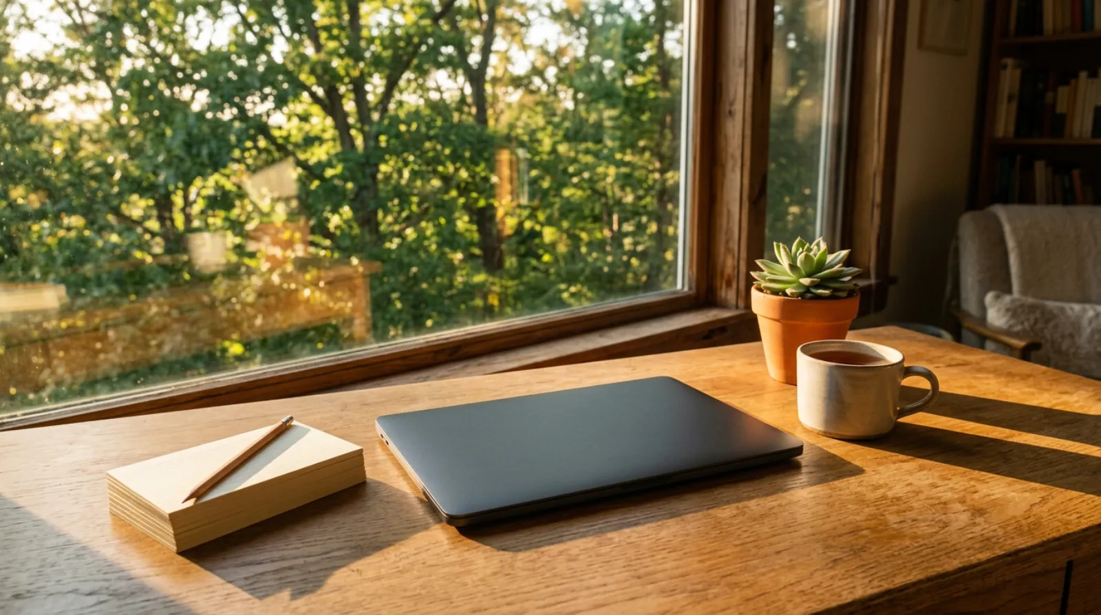 A sunlit wooden desk by a window in late afternoon: a closed laptop, a mug of tea, a small succulent and a stack of blank index cards with a pencil.